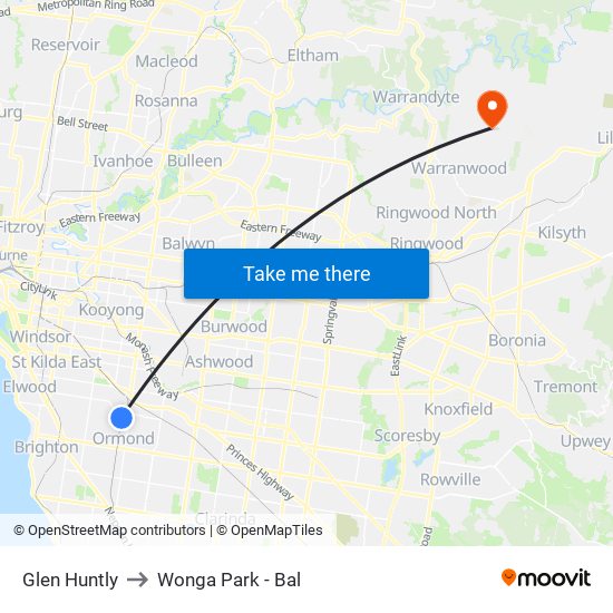 Glen Huntly to Wonga Park - Bal map