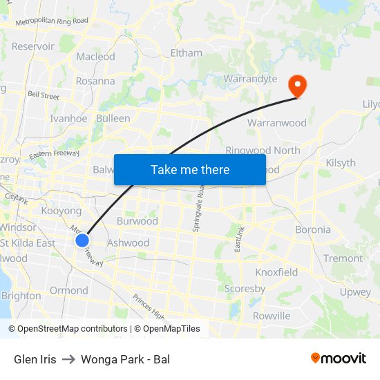 Glen Iris to Wonga Park - Bal map