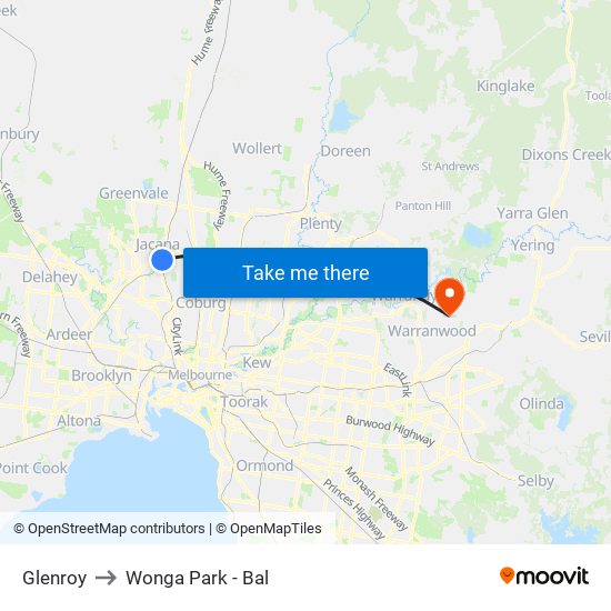 Glenroy to Wonga Park - Bal map