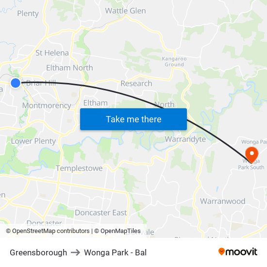 Greensborough to Wonga Park - Bal map