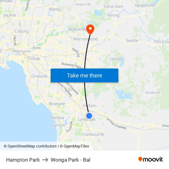 Hampton Park to Wonga Park - Bal map