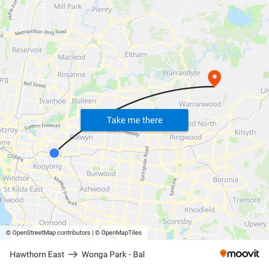 Hawthorn East to Wonga Park - Bal map