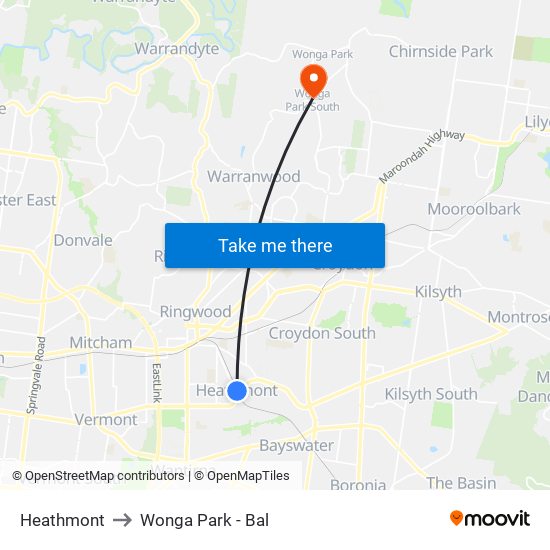 Heathmont to Wonga Park - Bal map