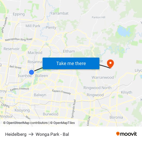 Heidelberg to Wonga Park - Bal map