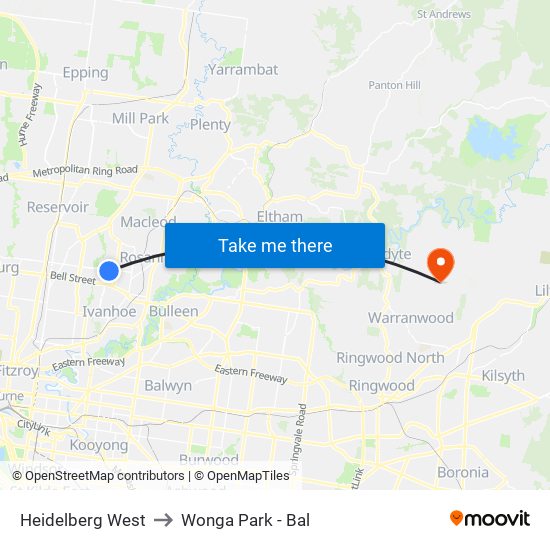 Heidelberg West to Wonga Park - Bal map