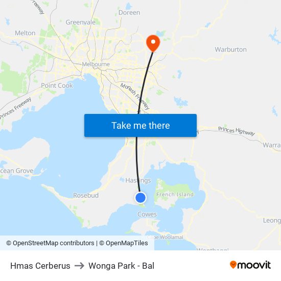 Hmas Cerberus to Wonga Park - Bal map