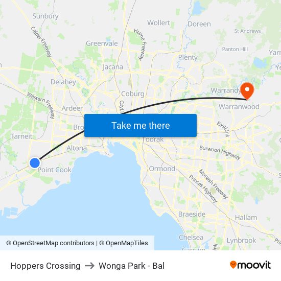 Hoppers Crossing to Wonga Park - Bal map