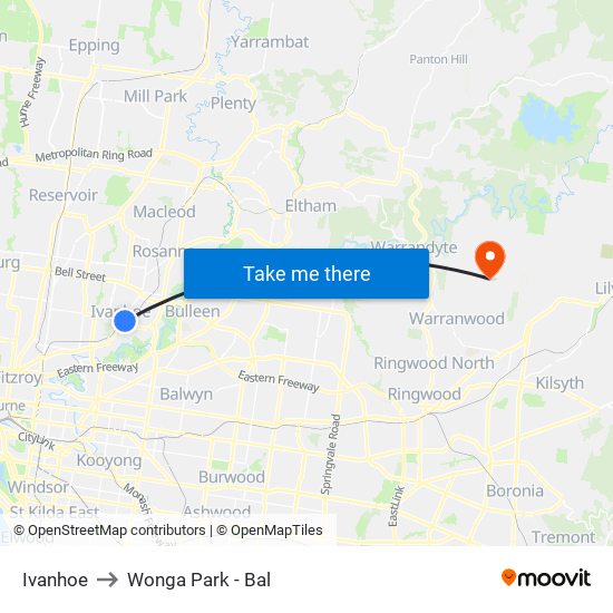 Ivanhoe to Wonga Park - Bal map