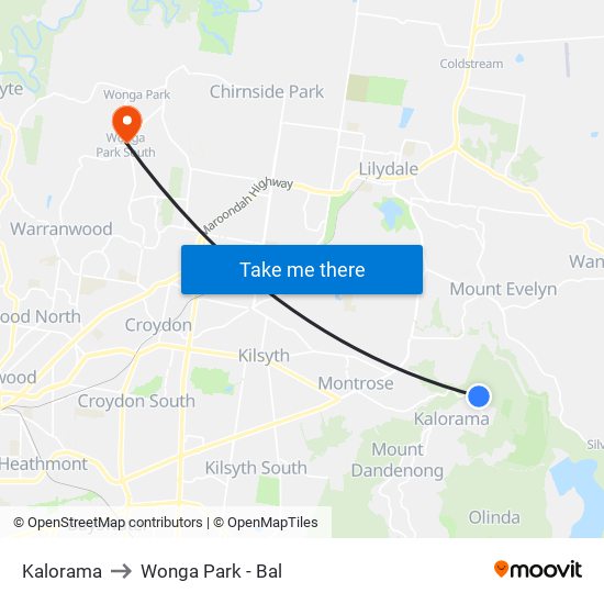 Kalorama to Wonga Park - Bal map