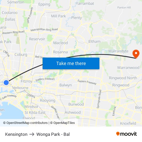 Kensington to Wonga Park - Bal map