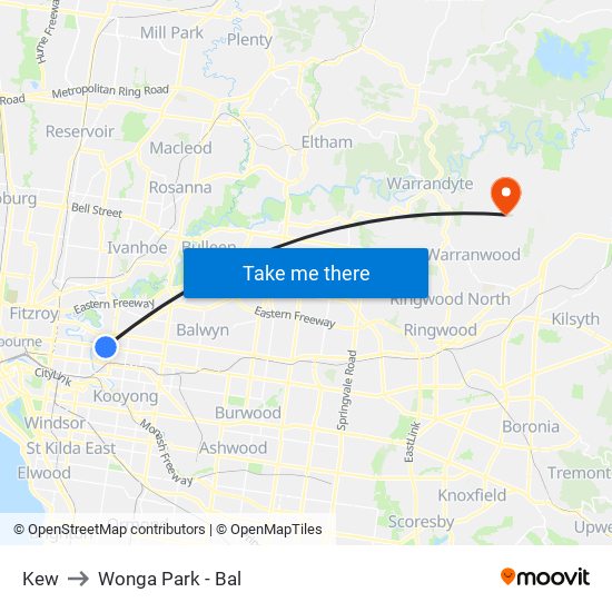 Kew to Wonga Park - Bal map