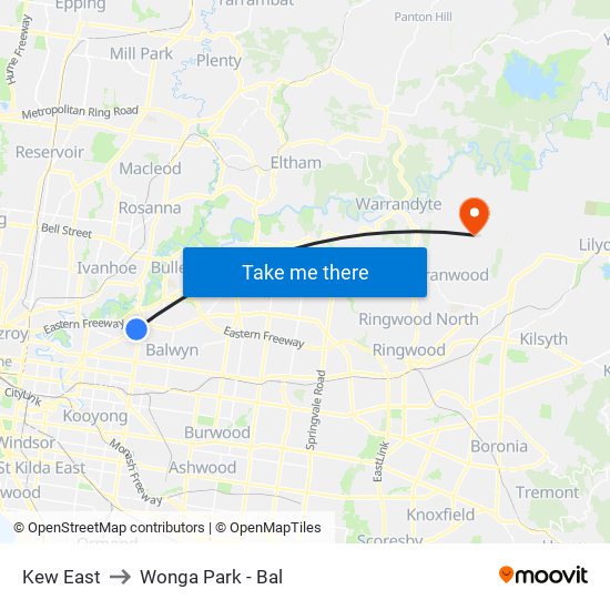 Kew East to Wonga Park - Bal map