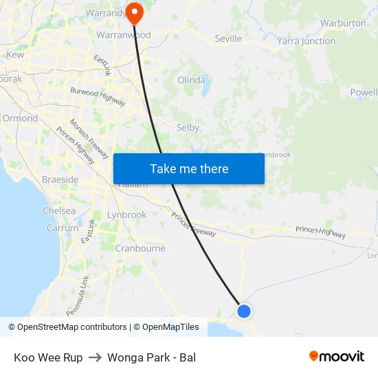 Koo Wee Rup to Wonga Park - Bal map