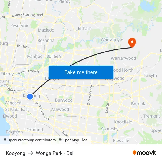Kooyong to Wonga Park - Bal map