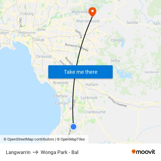 Langwarrin to Wonga Park - Bal map