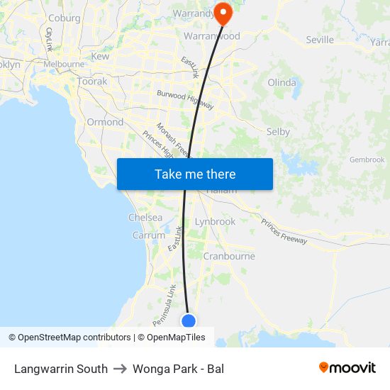 Langwarrin South to Wonga Park - Bal map