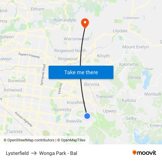 Lysterfield to Wonga Park - Bal map