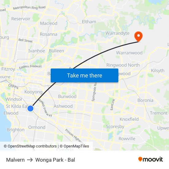 Malvern to Wonga Park - Bal map
