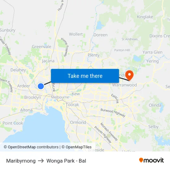 Maribyrnong to Wonga Park - Bal map