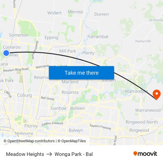 Meadow Heights to Wonga Park - Bal map