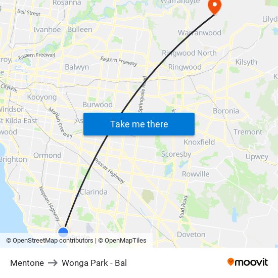 Mentone to Wonga Park - Bal map