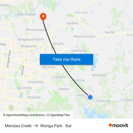 Menzies Creek to Wonga Park - Bal map