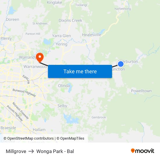 Millgrove to Wonga Park - Bal map