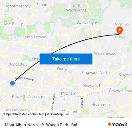 Mont Albert North to Wonga Park - Bal map