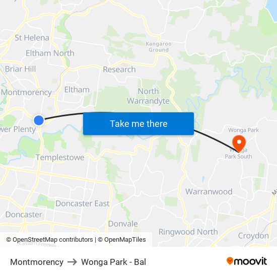 Montmorency to Wonga Park - Bal map