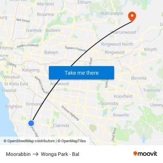 Moorabbin to Wonga Park - Bal map