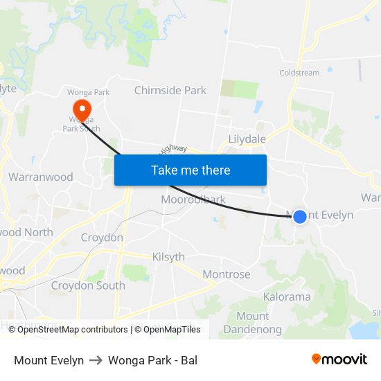 Mount Evelyn to Wonga Park - Bal map