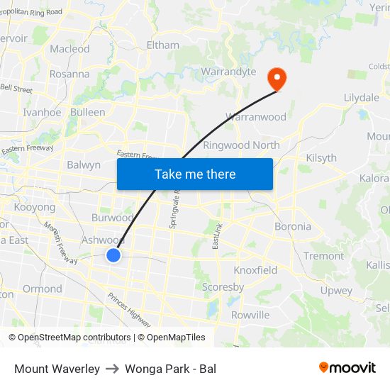 Mount Waverley to Wonga Park - Bal map