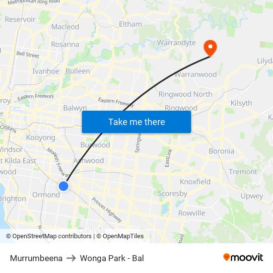 Murrumbeena to Wonga Park - Bal map