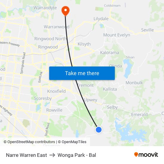 Narre Warren East to Wonga Park - Bal map