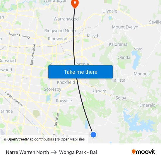 Narre Warren North to Wonga Park - Bal map