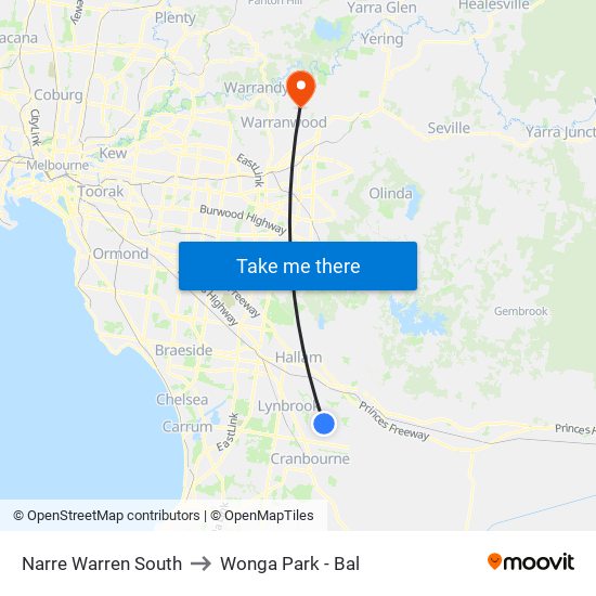 Narre Warren South to Wonga Park - Bal map