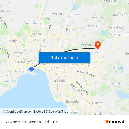 Newport to Wonga Park - Bal map