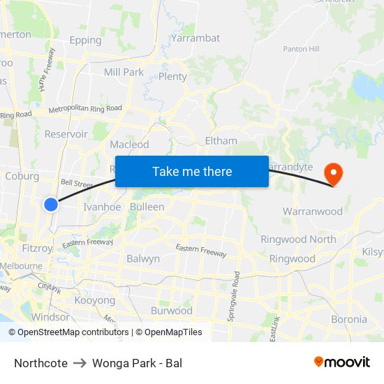 Northcote to Wonga Park - Bal map