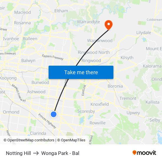 Notting Hill to Wonga Park - Bal map