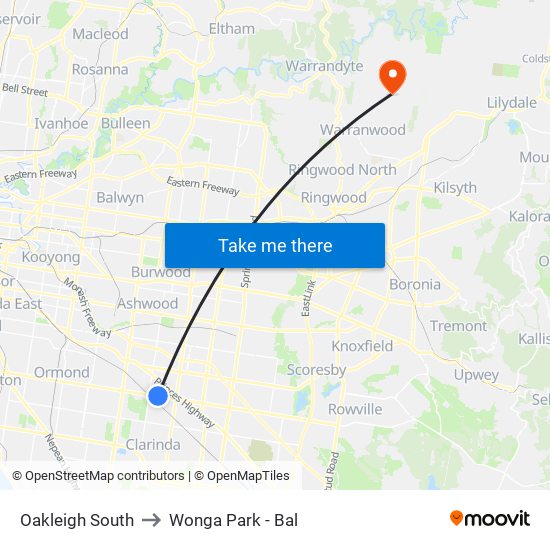Oakleigh South to Wonga Park - Bal map