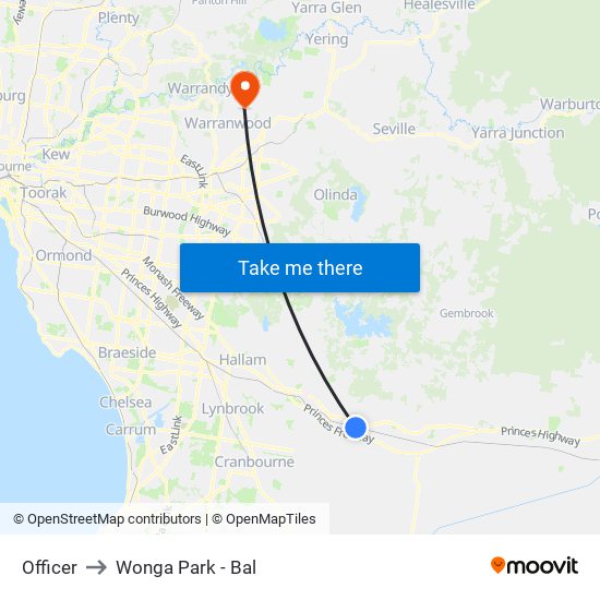 Officer to Wonga Park - Bal map