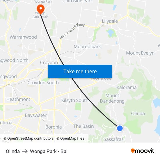 Olinda to Wonga Park - Bal map