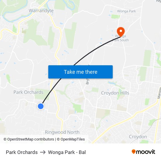 Park Orchards to Wonga Park - Bal map