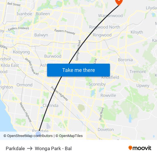 Parkdale to Wonga Park - Bal map