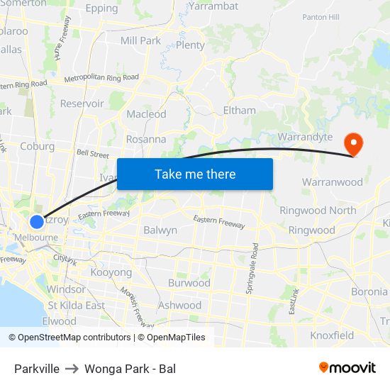 Parkville to Wonga Park - Bal map
