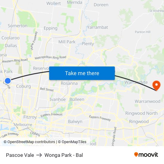 Pascoe Vale to Wonga Park - Bal map