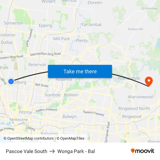 Pascoe Vale South to Wonga Park - Bal map