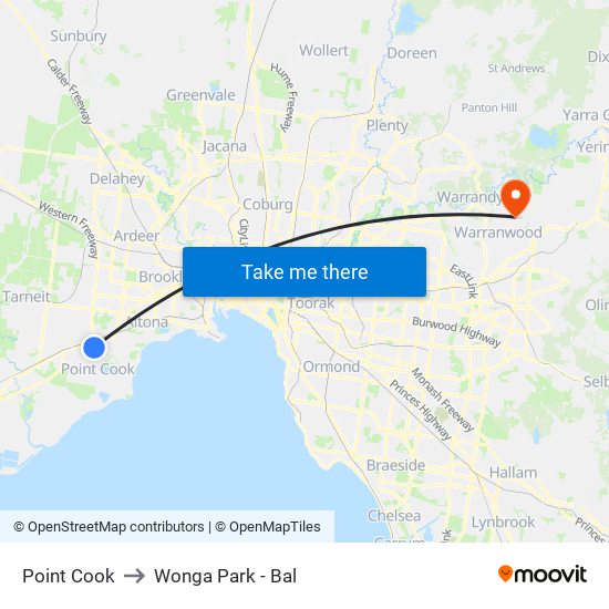 Point Cook to Wonga Park - Bal map