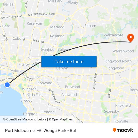 Port Melbourne to Wonga Park - Bal map