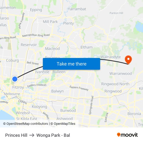 Princes Hill to Wonga Park - Bal map